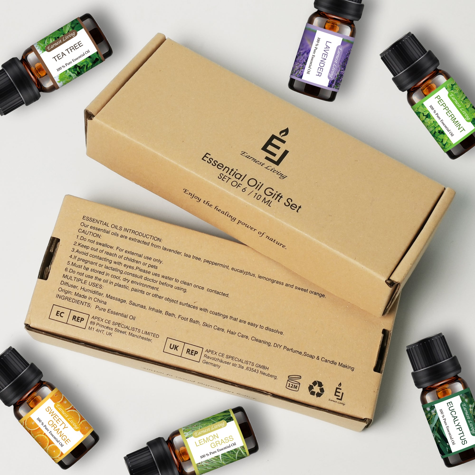 Earnest Living Tea Tree Oil Peppermint Oil Lavender Oil Essential Oil Set for Diffusers for Home Oil Diffuser Essential Oils Eucalyptus Essential Oil