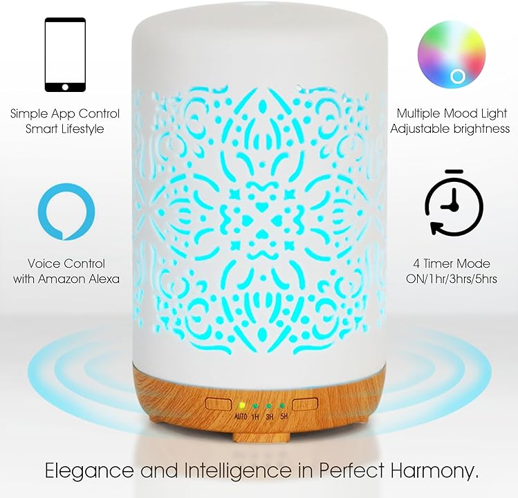 Earnest Living Smart WiFi Essential Oil Diffuser White Ceramic Diffuser 250 ml with Alexa Google Home App Phone Control LED and Auto Off Office Humidifier Aromatherapy Diffusers for Essential Oils