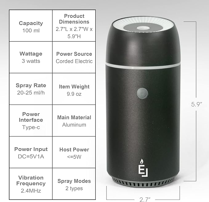Earnest Living Essential Oil Diffusers Car Air Fresheners Humidifier for Essential Oils Car Aromatherapy Diffuser 100ml Car Diffuser Timers Auto Off Function USB Portable Metal Aluminum Black