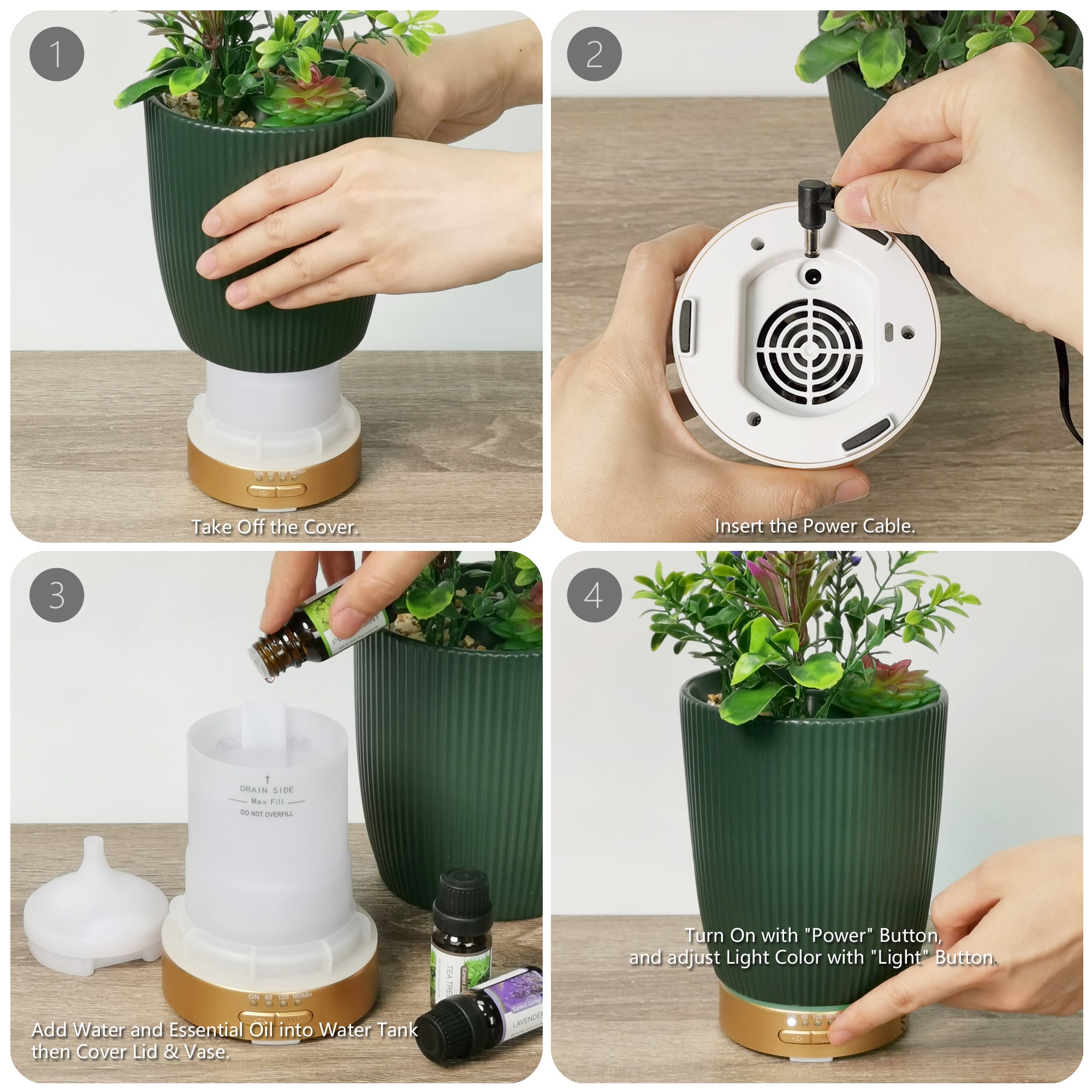Earnest Living Essential Oil Diffuser Ceramic Artificial Succulent Plants Potted Diffuser 100 ml for Lavender Essential Oils Timers Night Lights and Auto Off Humidifier Aromatherapy Diffusers for Gift